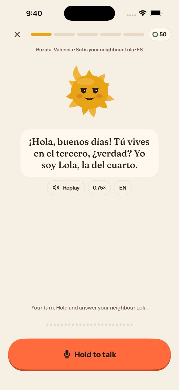 Soltura speaking practice with a conversation prompt, replay controls, and a hold-to-talk button.